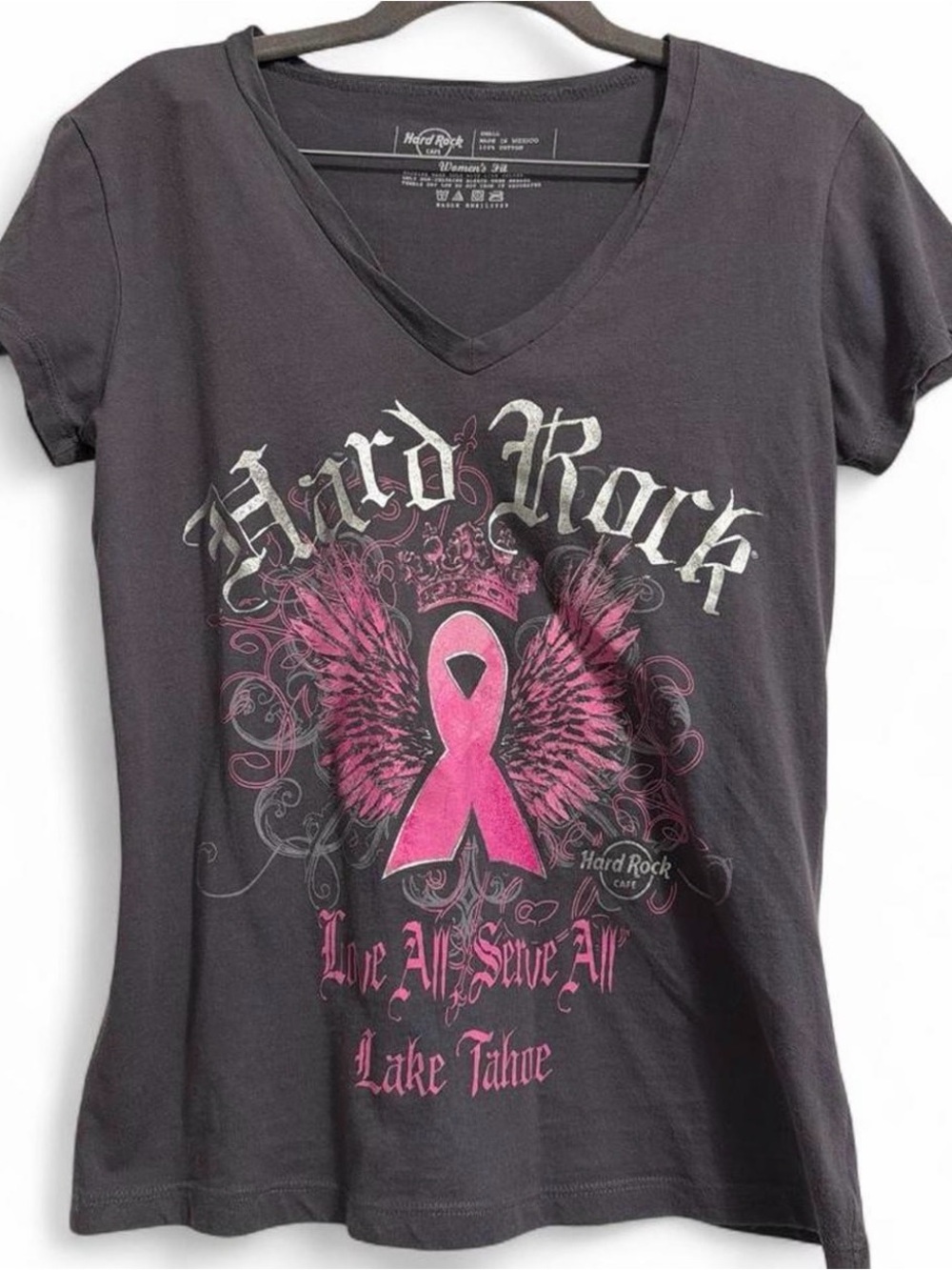 Hard Rock Cafe Charcoal V-Neck Tee with Pink Ribbon Wing Graphic
